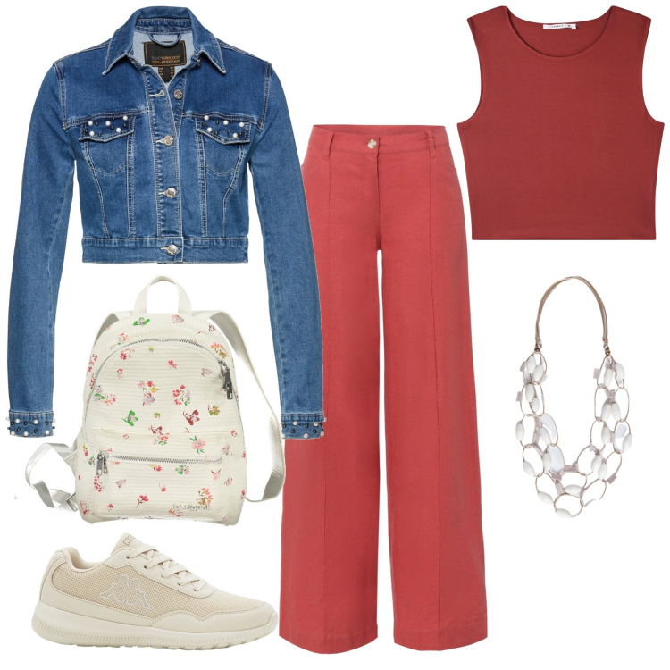 Outfit donna - Primavera minimal. Stile Casual per Tutti i giorni. Abbinamento con pantaloni a palazzo, sneakers, blazer, canottiere, zaini, collane.