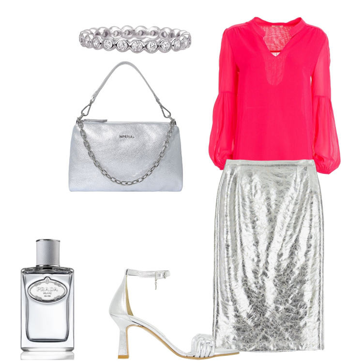 Outfit donna - Sabato sera d ‘argento. Stile Glamour per Serata fuori. Abbinamento con profumi, anelli, bluse, pochette, décolleté, gonne longuette.