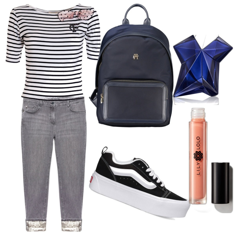 Outfit donna - Total look #1864984. Stile Trendy per Tutti i giorni. Abbinamento con gloss, profumi, t-shirt, jeans skinny, zaini, sneakers.