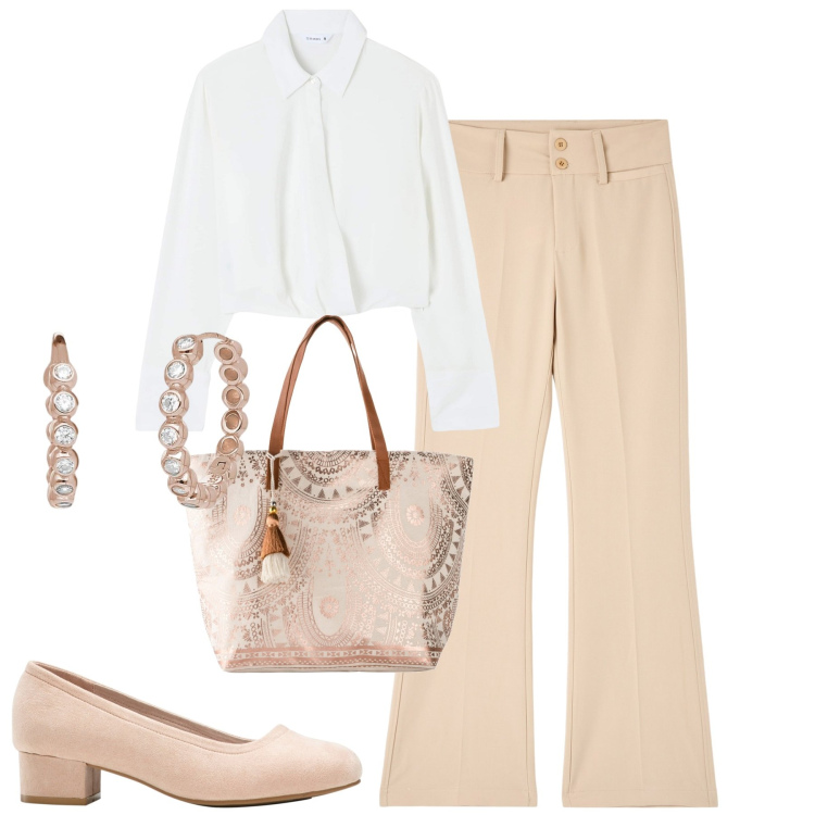 Outfit donna - Total look #1865023. Stile Casual chic per Tutti i giorni. Abbinamento con décolleté, shopping bag, bluse, pantaloni, orecchini.