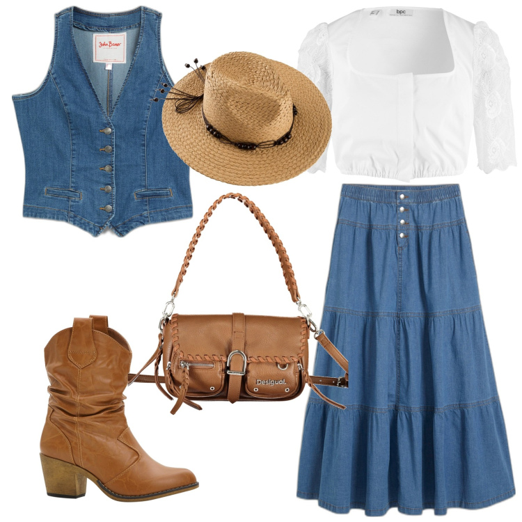 Outfit donna - Boho in primavera. Stile Boho per Tutti i giorni. Abbinamento con gilet, camicie, stivaletti texani, gonne, cappelli, borse a spalla.