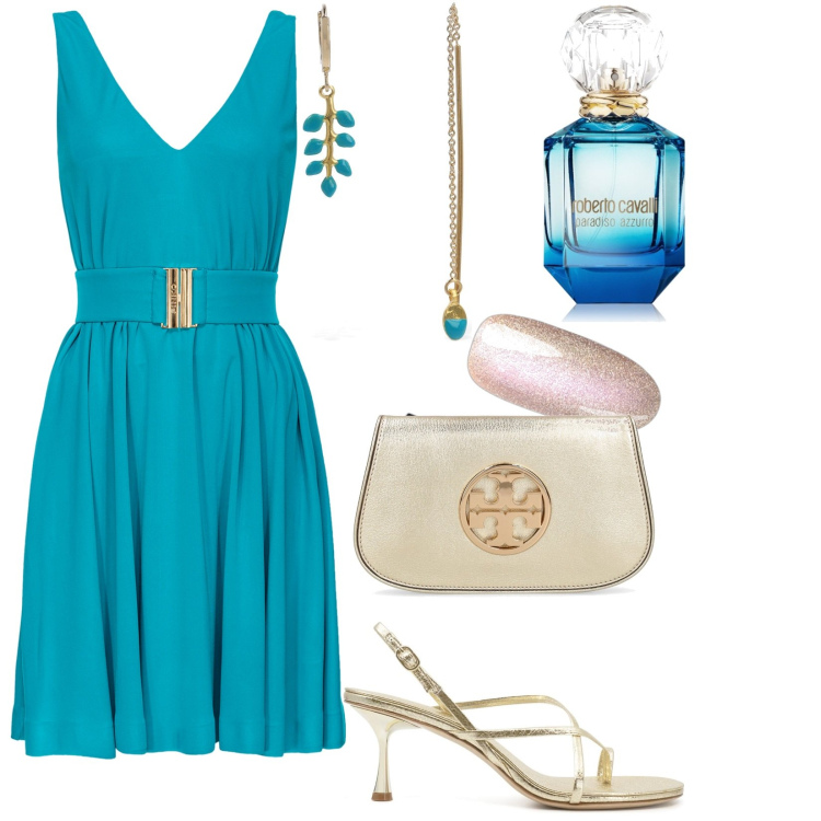 Outfit donna - Abito scollatura profonda sulla schiena. Stile Glamour per Tutti i giorni. Abbinamento con profumi, smalti, vestiti corti, pochette, orecchini, sandali in pelle.