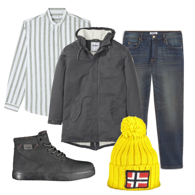 Outfit uomo - Grigio e righe. Stile Casual per Tutti i giorni. Abbinamento con parka, jeans dritti, camicie, berretti, stivali.