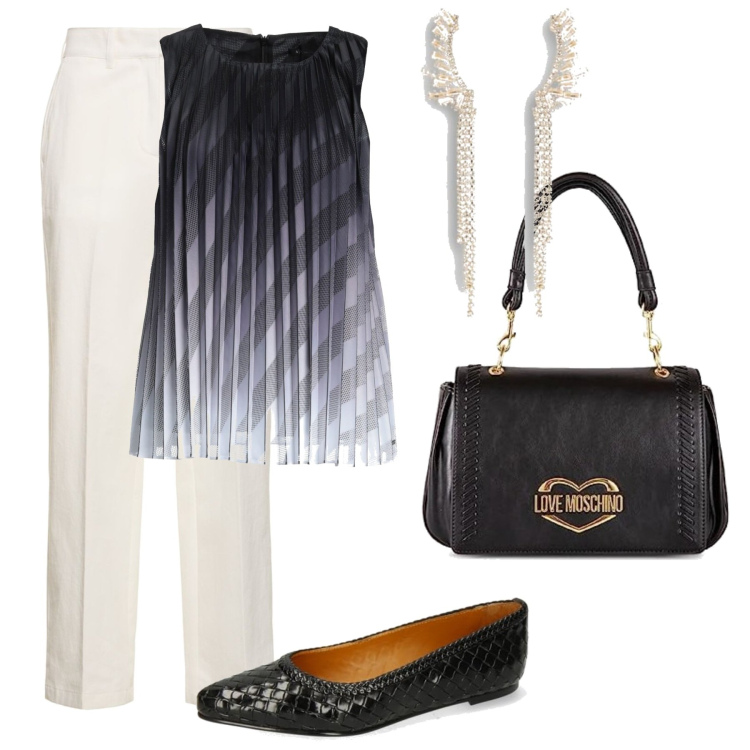 Outfit femme - Avril : soirée. Style Casual chic pour Soirée dehors. Assortir avec hauts, ballerines, pantalon , boucles d'oreilles, sacs à main.