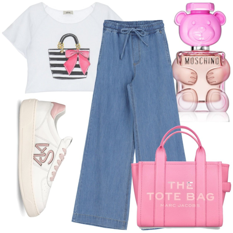 Outfit donna - Simpatica. Stile Casual chic per Tutti i giorni. Abbinamento con profumi, jeans, t-shirt, sneakers, shopping bag.