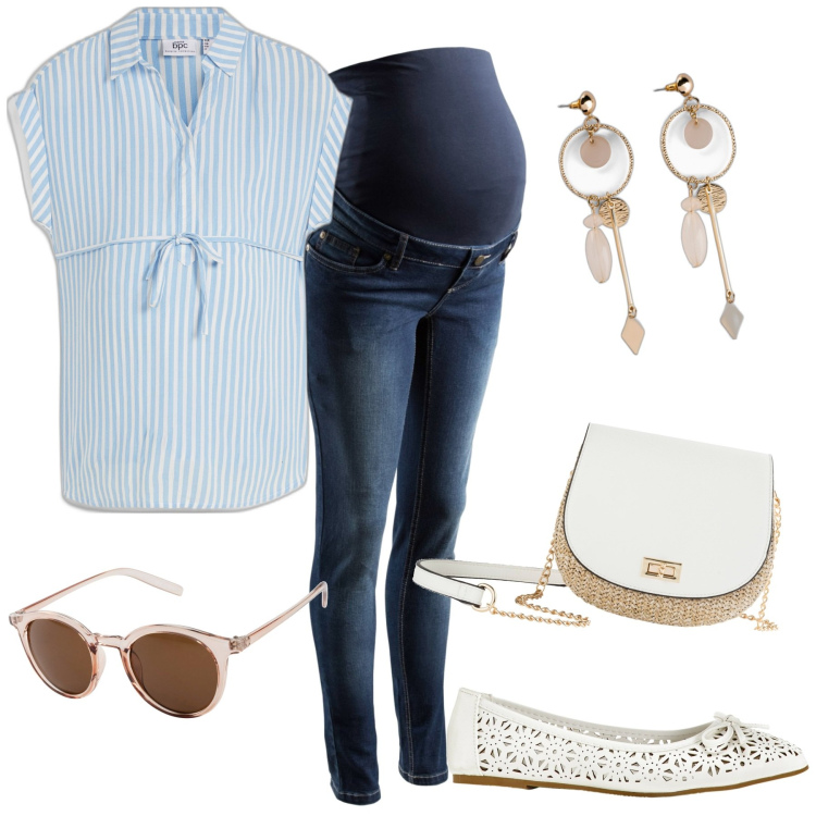 Outfit donna - Una passeggiata in attesa. Stile Casual per Tutti i giorni. look ideale per Premaman. Abbinamento con jeans skinny, orecchini, occhiali da sole, bluse, ballerine, borse a tracolla.