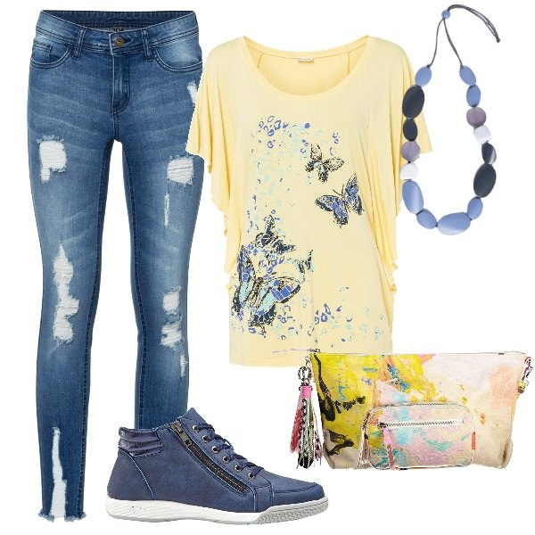 Outfit donna - easy yellow. Stile Casual per Tutti i giorni. Abbinamento con sneakers alte, maglieria, jeans strappati, borse a tracolla, collane.