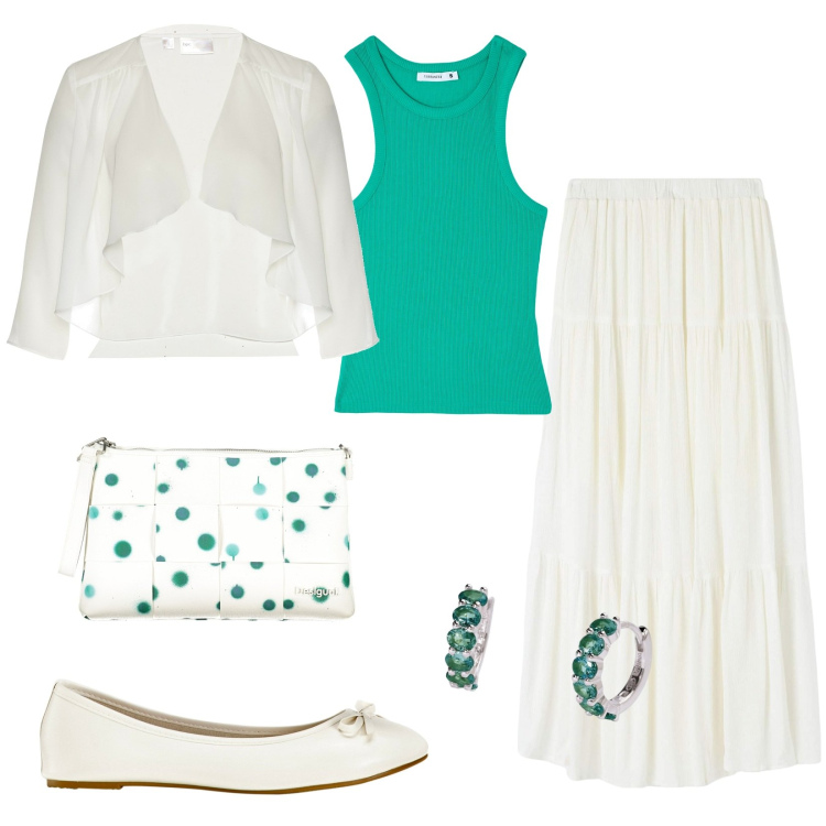 Outfit donna - White and green. Abbinamento con ballerine, blazer, canottiere, gonne lunghe, orecchini, borse a spalla.
