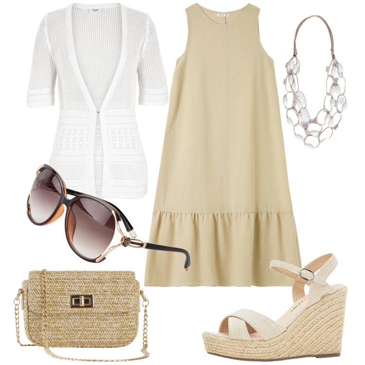 Outfit donna - Cocktail sul lungomare. Stile Chic per Mare. Abbinamento con sandali, occhiali da sole, cardigans, borse a mano, vestiti lunghi, collane.