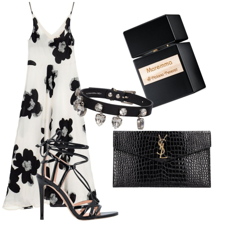 Outfit donna - Cerimonia. Stile Chic per Cerimonia. Abbinamento con vestiti midi/longuette, profumi, sandali in pelle, pochette, collane.