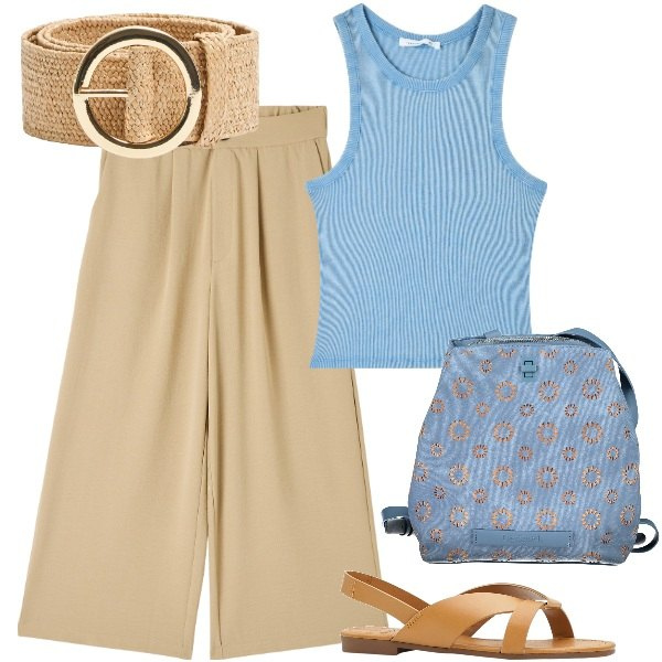 Outfit donna - capsule minimal. Stile Minimal per Tutti i giorni. Abbinamento con sandali, pantaloni a palazzo, canottiere, cinture, zaini.