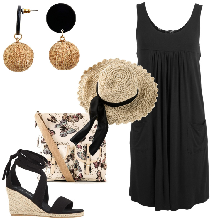 Outfit donna - W le vacanze. Stile Romantica per Mare. Abbinamento con borse a tracolla, orecchini, vestiti, sandali, cappelli.