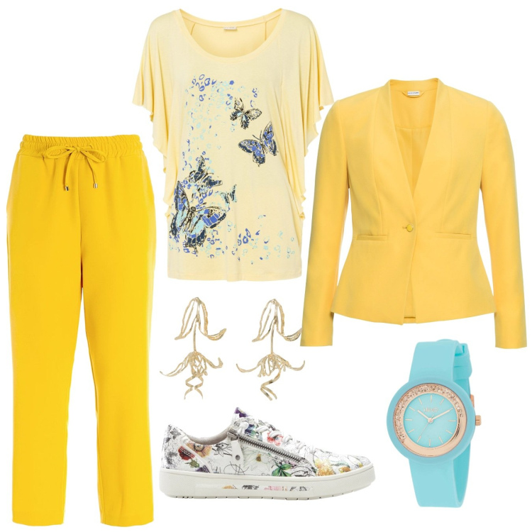 Outfit donna - Giallo e azzurro per la primavera. Stile Casual chic per Tutti i giorni. Abbinamento con blazer, maglieria, sneakers, orologi, pantaloni, orecchini.