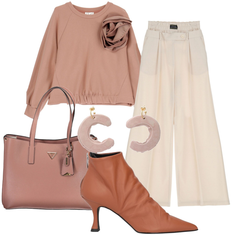 Outfit donna - Raffinata tutti i giorni. Stile Glamour per Ufficio. Abbinamento con stivaletti, orecchini, pantaloni a palazzo, felpe, borse a spalla.