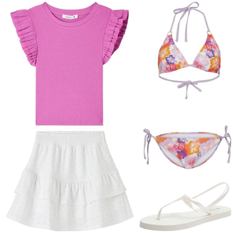 Outfit donna - Mare, arrivo. Stile Basic per Tutti i giorni. Abbinamento con bikini, t-shirt, sandali, minigonne.