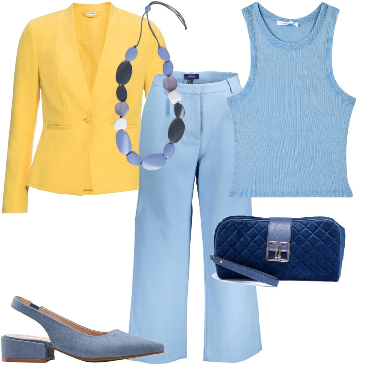 Outfit donna - Primavera giallo e azzurro. Stile Casual chic per Ufficio. Abbinamento con décolleté, blazer, canottiere, pochette, pantaloni, collane.