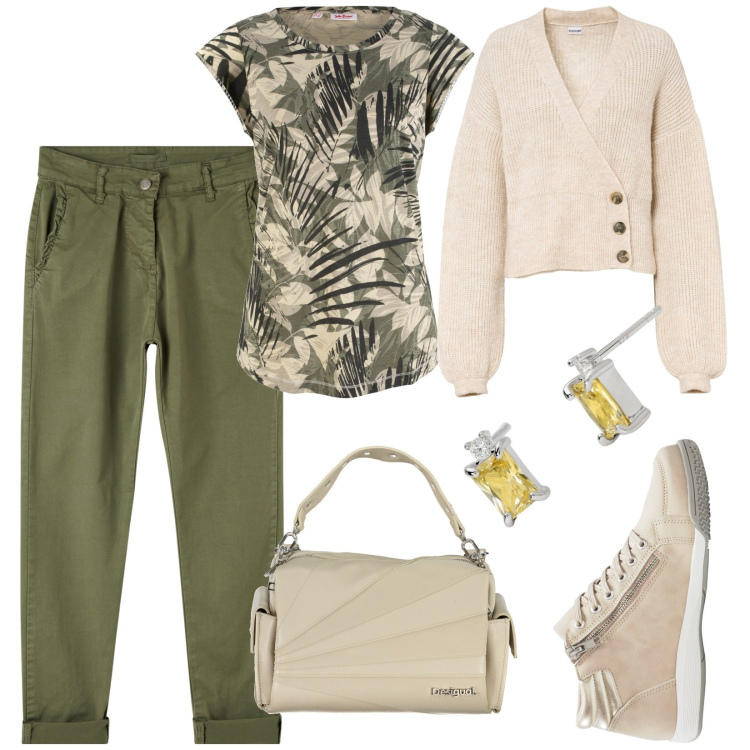 Outfit donna - Total look #1865170. Abbinamento con maglieria, maglieria, sneakers alte, pantaloni chino, orecchini, borse a spalla.