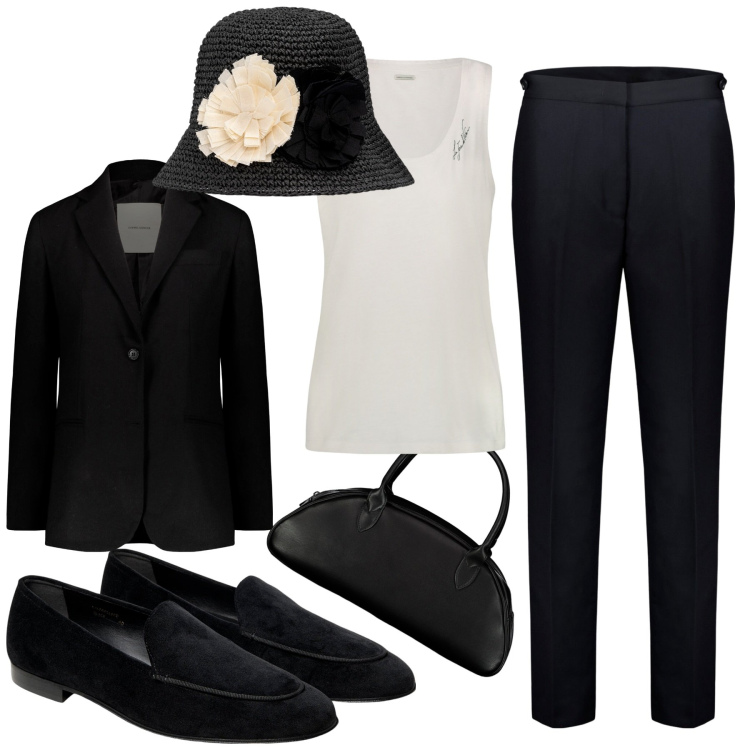 Outfit donna - La mia vita in bianco e nero. Stile Basic per Ufficio. Abbinamento con pantaloni, mocassini, blazer, canottiere, cappelli, borse a spalla.