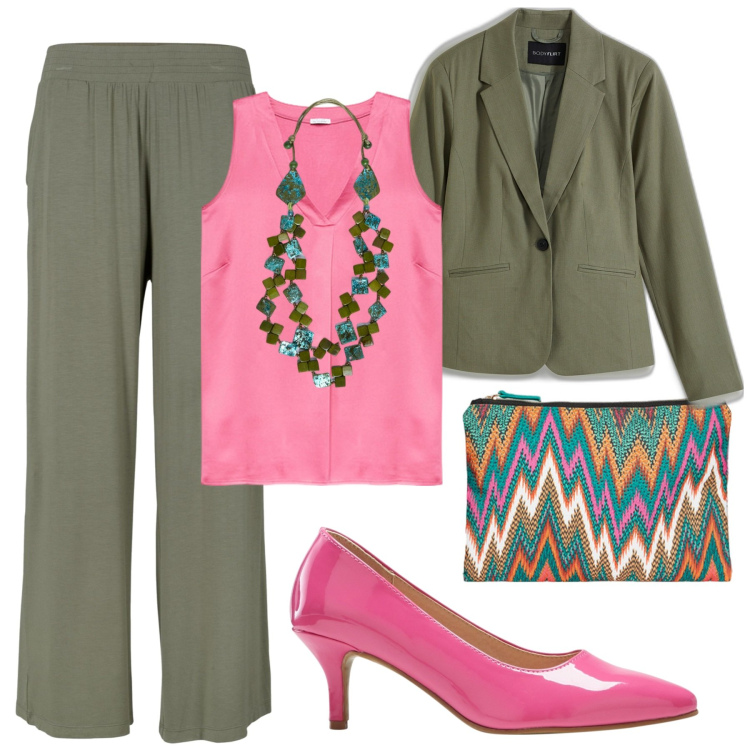Outfit donna - Dal giorno alla notte. Stile Casual chic per Ufficio. Abbinamento con pantaloni, blazer, décolleté, top, pochette, collane.