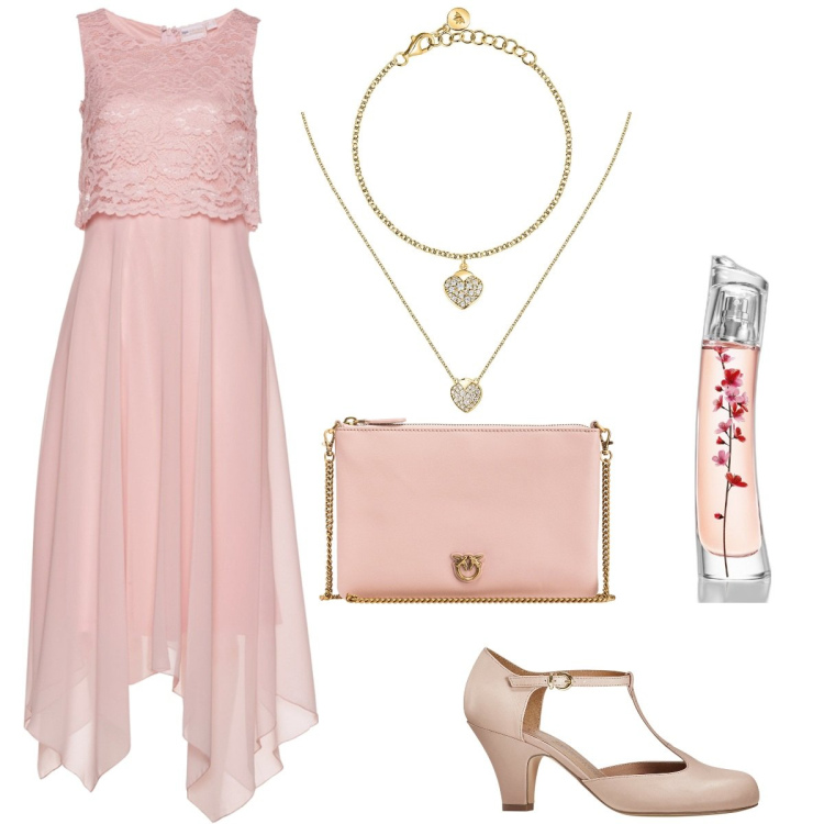 Outfit donna - Cerimonia curvy e plus size. Stile Romantica per Cerimonia. Abbinamento con vestiti midi/longuette, décolleté, braccialetti, collane, profumi, borse a tracolla.