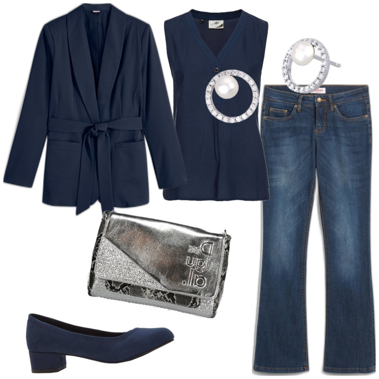Outfit donna - Il blazer stiloso curvy e plus size. Stile Mannish per Serata fuori. Abbinamento con jeans bootcut, top, blazer, décolleté, orecchini, borse a spalla.
