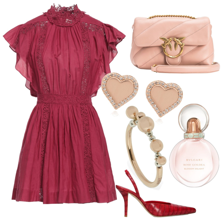 Outfit donna - Red and Pink. Stile Chic per Cerimonia. Abbinamento con vestiti corti, orecchini, profumi, borse a tracolla, anelli, décolleté.