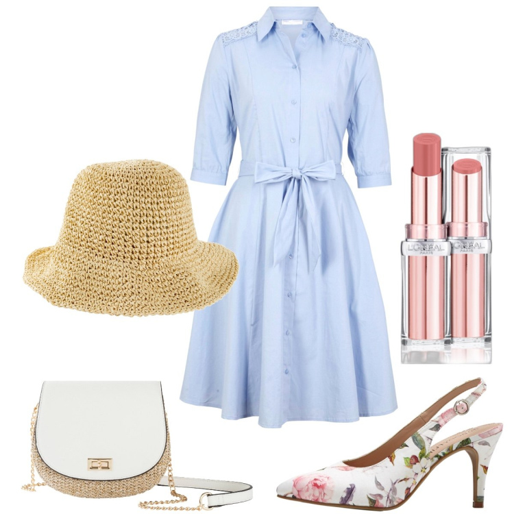 Outfit donna - Total look #1865229. Stile Bon Ton per Tutti i giorni. Abbinamento con cappelli, vestiti chemisier, décolleté, borse a tracolla, rossetti.
