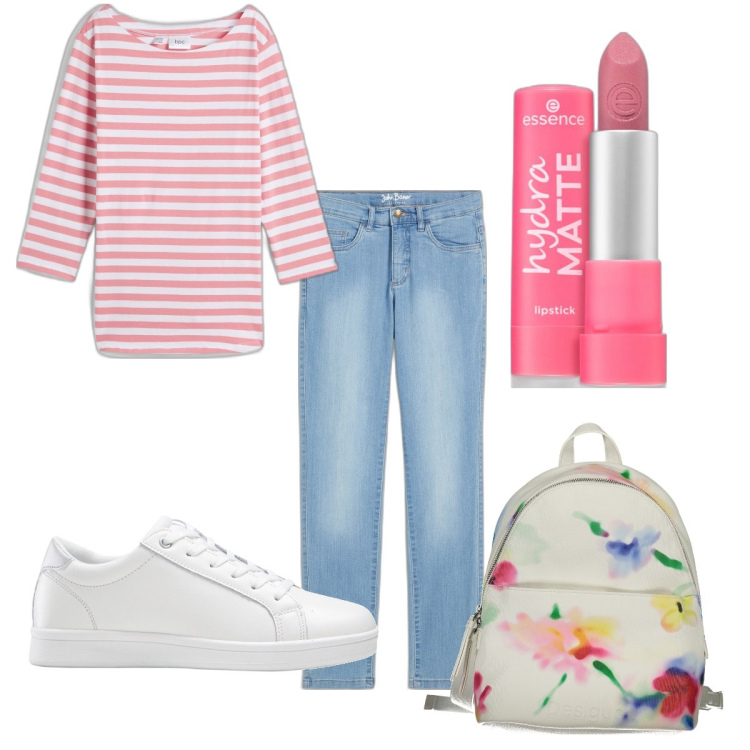 Outfit donna - Total look #1865230. Stile Basic per Tutti i giorni. Abbinamento con sneakers, maglieria, jeans dritti, rossetti, zaini.