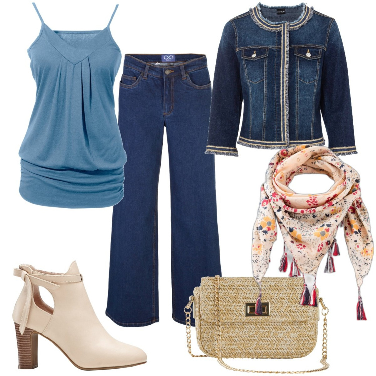 Outfit donna - Total look #1865231. Stile Casual chic per Tutti i giorni. Abbinamento con blazer, top, stivaletti, jeans, borse a mano, foulard.