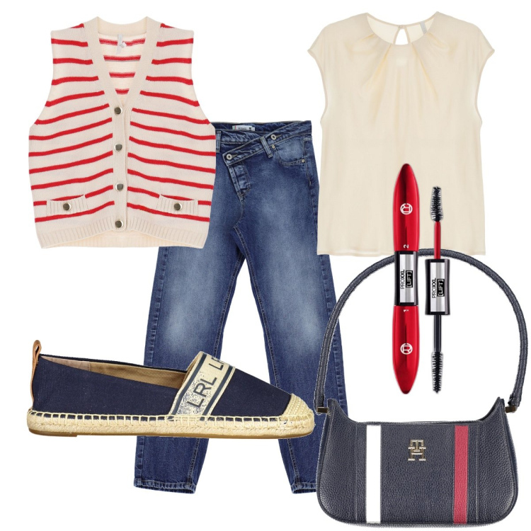 Outfit donna - Total look #1865233. Stile Casual chic per Tutti i giorni. Abbinamento con mascara, jeans dritti, top, gilet, ballerine, borse a spalla.