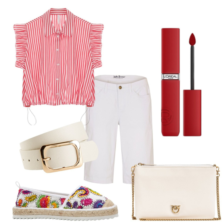 Outfit donna - Total look #1865236. Stile Casual chic per Tutti i giorni. Abbinamento con espadrillas, cinture, bermuda, rossetti, borse a tracolla, camicie a manica corta.