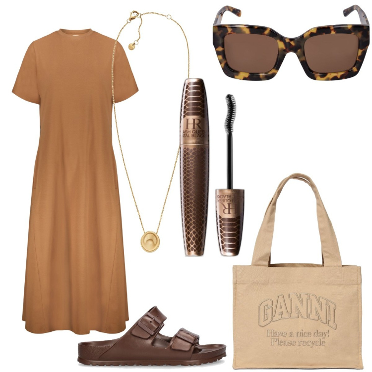 Outfit donna - Total look #1865243. Stile Trendy per Tutti i giorni. Abbinamento con collane, mascara, vestiti midi/longuette, sandali, occhiali da sole, shopping bag.