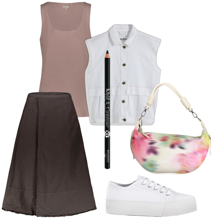 Outfit donna - Buondì. Stile Casual per Tutti i giorni. Abbinamento con sneakers, gilet, eyeliner, gonne lunghe, canottiere, borse a spalla.