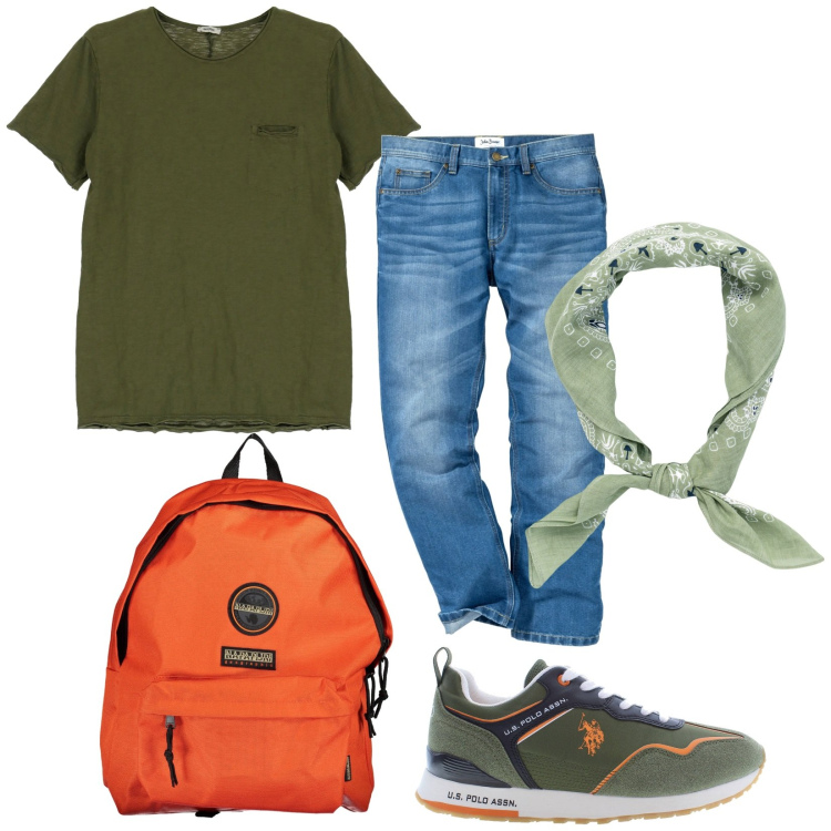 Outfit uomo - Ciao ciao. Stile Urban per Tutti i giorni. Abbinamento con jeans dritti, t-shirt, scarpe sportive, borse sportive, sciarpe e foulard.