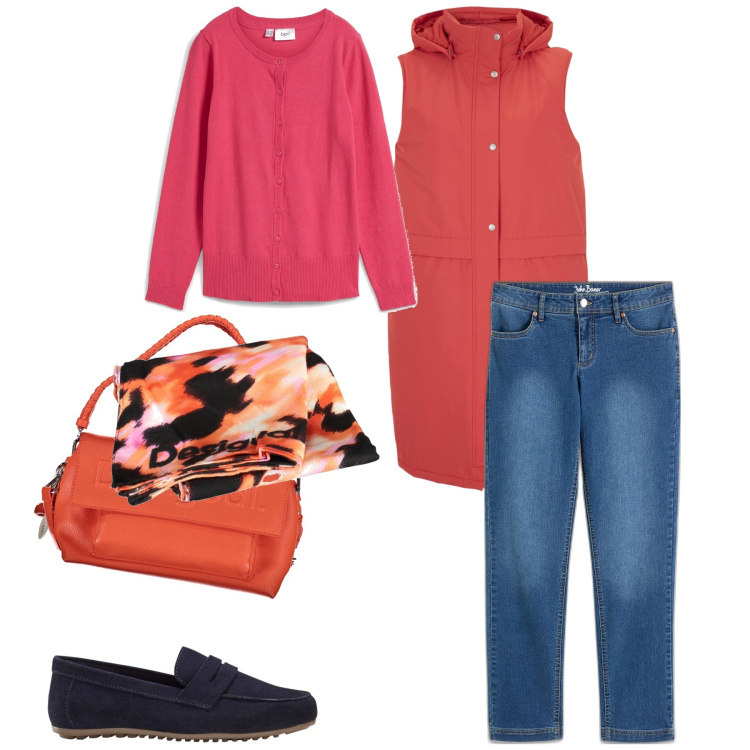 Outfit donna - Fresca domenica mattina. Stile Basic per Tutti i giorni. Abbinamento con jeans dritti, mocassini, cardigans, piumini, borse a spalla, foulard.