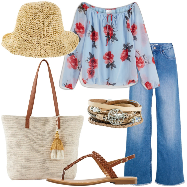 Outfit donna - Boho a maggio. Stile Boho per Tutti i giorni. Abbinamento con jeans, cappelli, braccialetti, bluse, ciabatte, shopping bag.