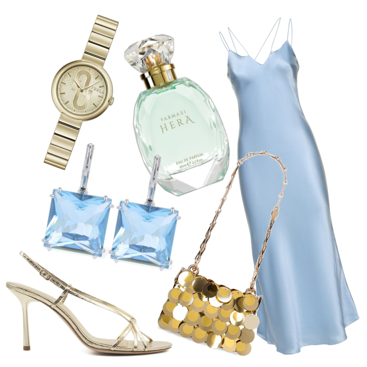Outfit donna - Cena gin ballo. Stile Glamour per Serata fuori. Abbinamento con orologi, profumi, vestiti, orecchini, borse a spalla, sandali in pelle.