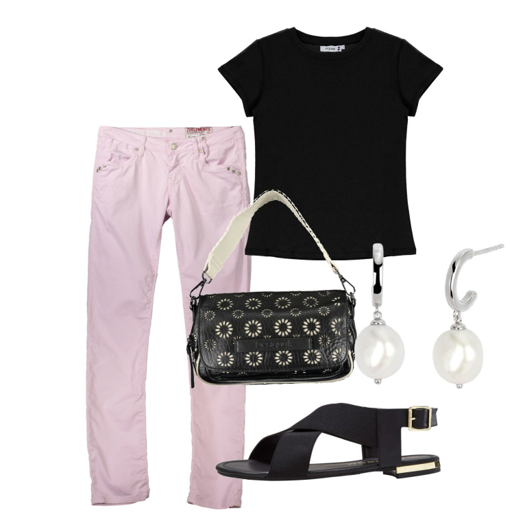 Outfit donna - City. Stile Urban per Tutti i giorni. Abbinamento con sandali, orecchini, t-shirt, pantaloni, borse a spalla.