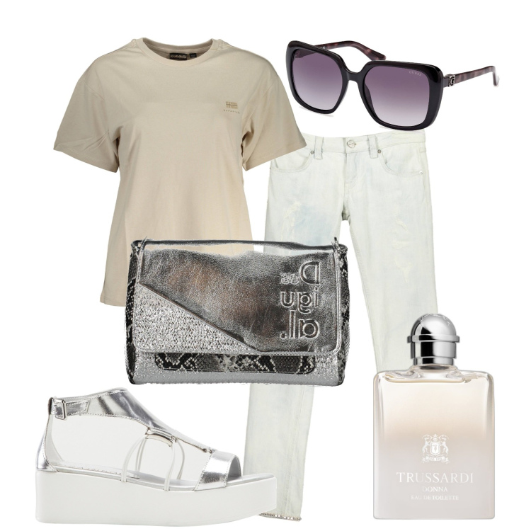 Outfit donna - Neutri. Stile Casual per Tutti i giorni. Abbinamento con sandali col tacco, profumi, t-shirt, occhiali da sole, borse a spalla, jeans.