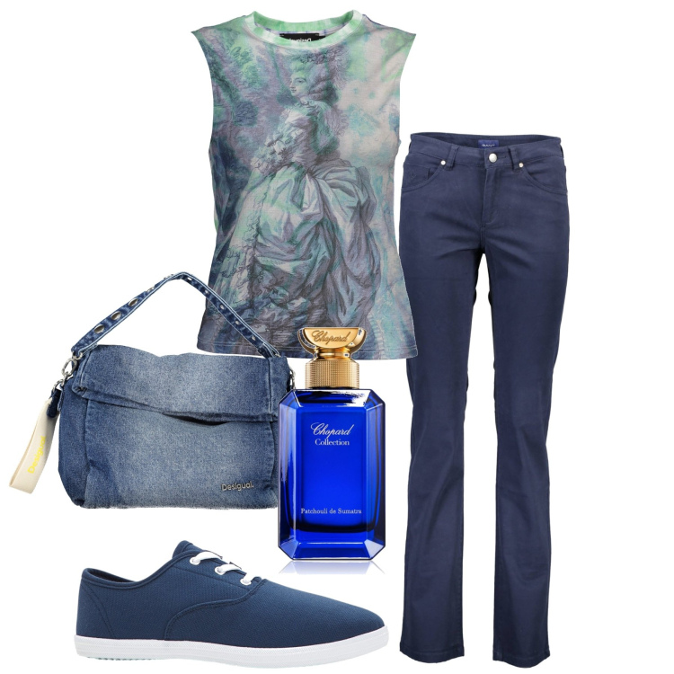 Outfit donna - Jeans. Stile Basic per Tutti i giorni. Abbinamento con sneakers, profumi, canottiere, borse a spalla, pantaloni.