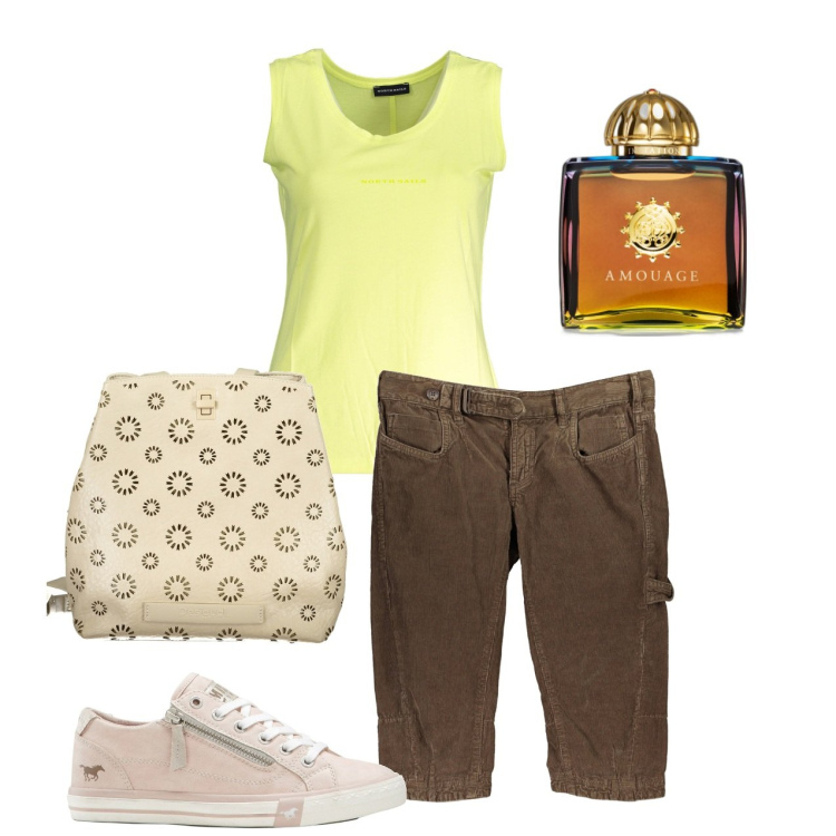 Outfit donna - Sprint. Stile Basic per Tutti i giorni. Abbinamento con sneakers, profumi, canottiere, pantaloni capri, zaini.