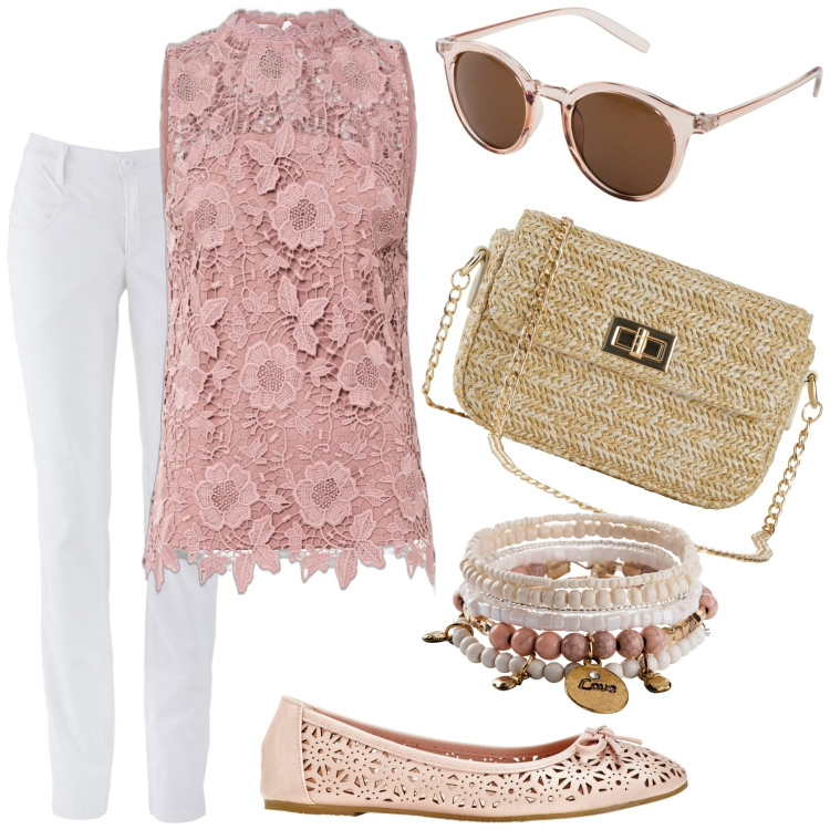 Outfit donna - Semplicità. Stile Casual per Tutti i giorni. Abbinamento con pantaloni, braccialetti, top, ballerine, borse a mano, occhiali da sole.