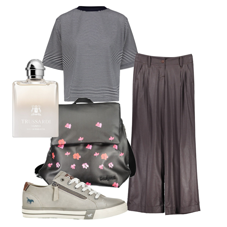 Outfit donna - Dinamica. Stile Basic per Tutti i giorni. Abbinamento con sneakers, profumi, pantaloni, zaini, t-shirt.