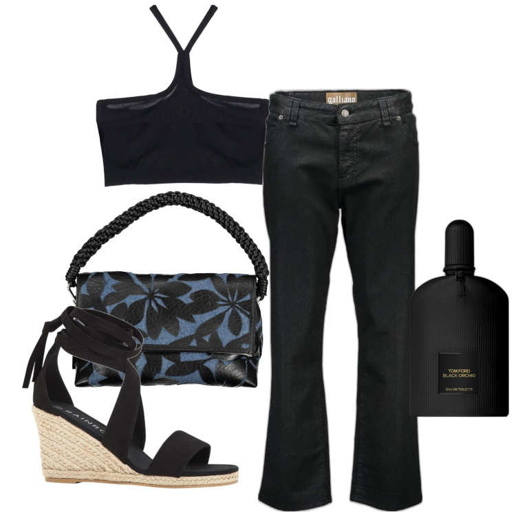 Outfit donna - Tom. Stile Urban per Tutti i giorni. Abbinamento con sandali, profumi, top, pantaloni capri, borse a spalla.