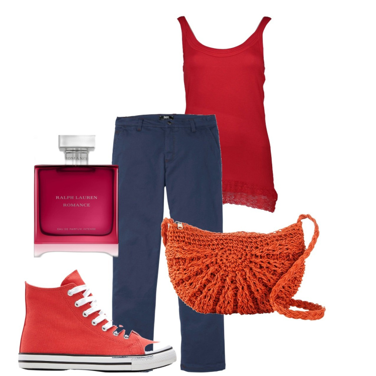 Outfit donna - Sfumature di rosso. Stile Basic per Tutti i giorni. Abbinamento con pantaloni, sneakers alte, borse a tracolla, profumi, canottiere.