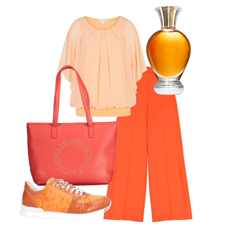 Outfit donna - Orangine. Stile Bon Ton per Tutti i giorni. Abbinamento con bluse, sneakers, profumi, pantaloni a palazzo, borse a spalla.
