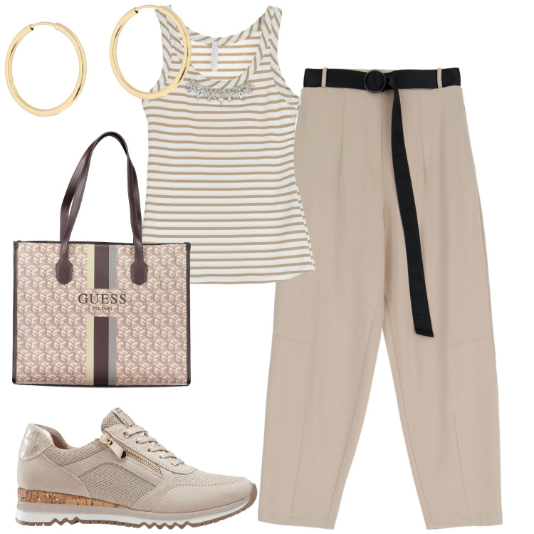 Outfit donna - City. Stile Casual chic per Tutti i giorni. Abbinamento con sneakers, pantaloni, top, borse a spalla, orecchini.