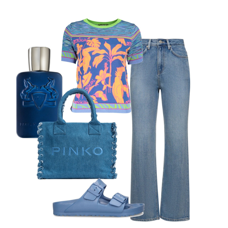 Outfit donna - Blu. Stile Basic per Tutti i giorni. Abbinamento con profumi, shopping bag, maglieria, jeans, sandali.