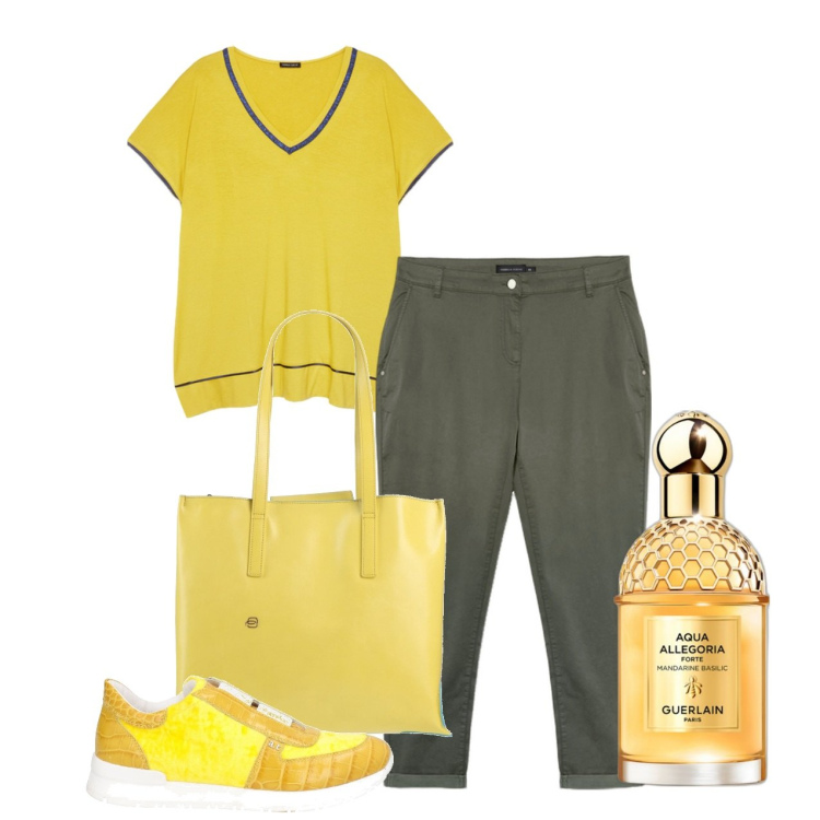 Outfit donna - Basic mood. Stile Bon Ton per Tutti i giorni. Abbinamento con borse a spalla, sneakers, profumi, t-shirt, pantaloni.