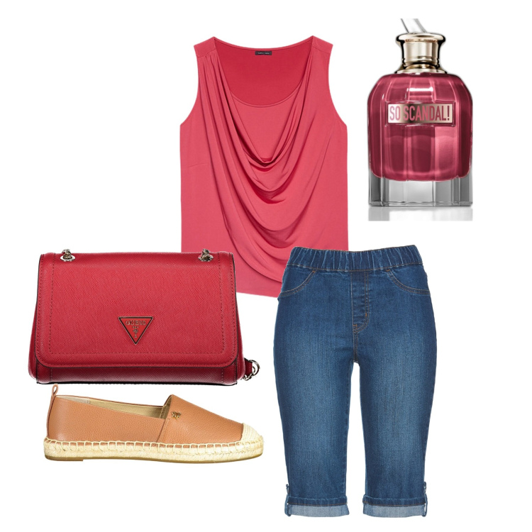 Outfit donna - Jean Paul. Stile Basic per Tutti i giorni. Abbinamento con bermuda, profumi, top, ballerine, borse a spalla.
